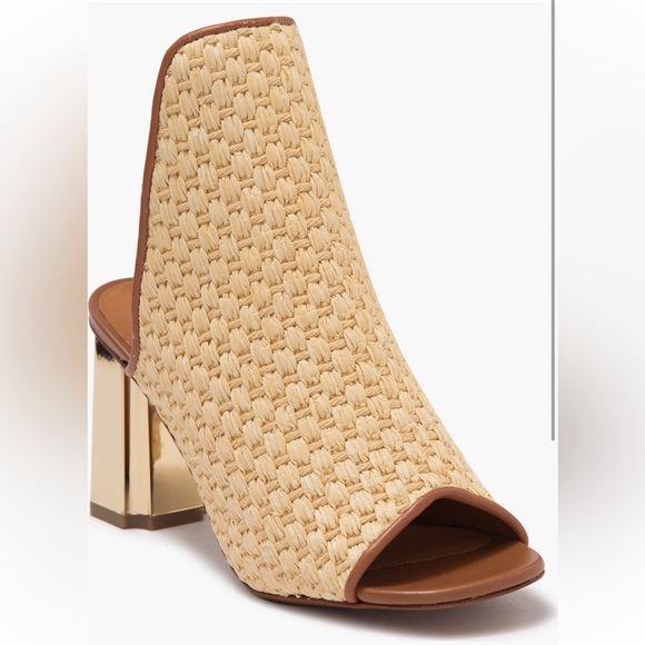 NWT Robert Clergerie Zinap Basket Woven Designer Block Heel Mule Gold Square Toe - Picture 2 of 5